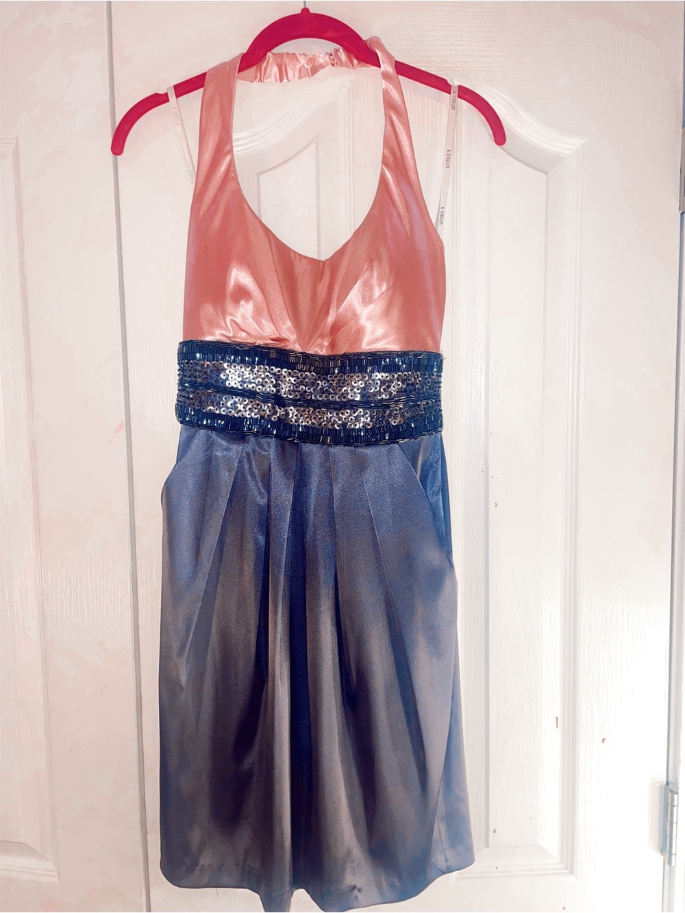B Darlin Pink and Blue Halter Sequin Waist Prom Dress